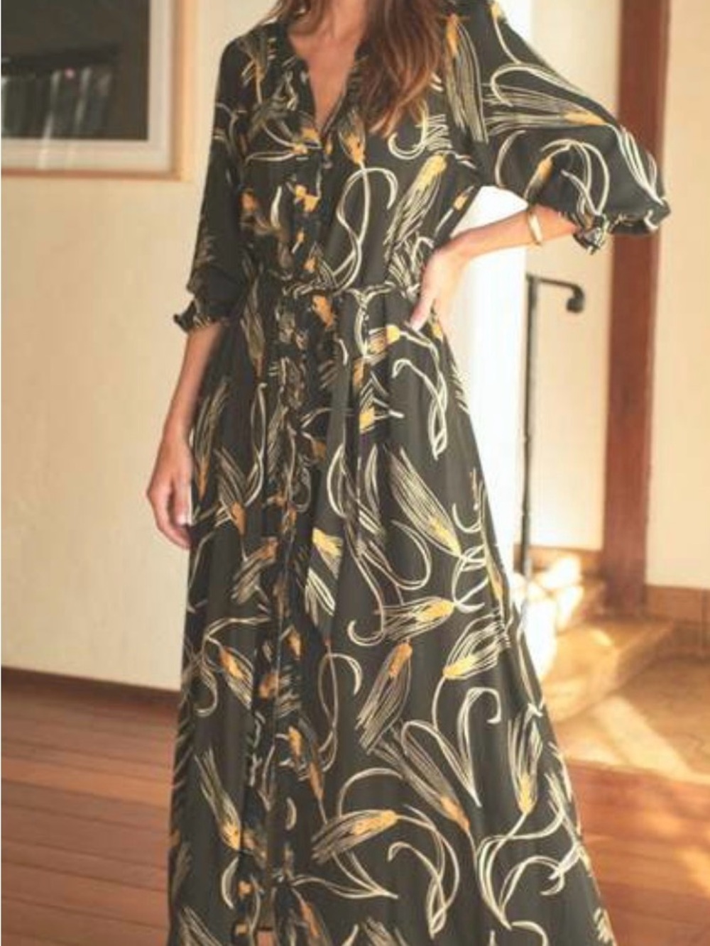 The Odells Sofia Maxi Dress Long Black Wheat Print Button-Front Dress S